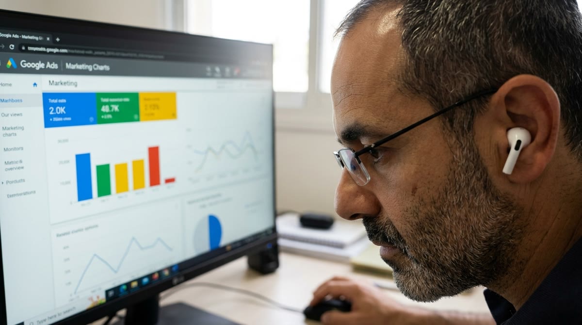 Fabrice, de profil, concentré devant un écran affichant un tableau de bord Google Ads, écouteurs aux oreilles, main sur la souris