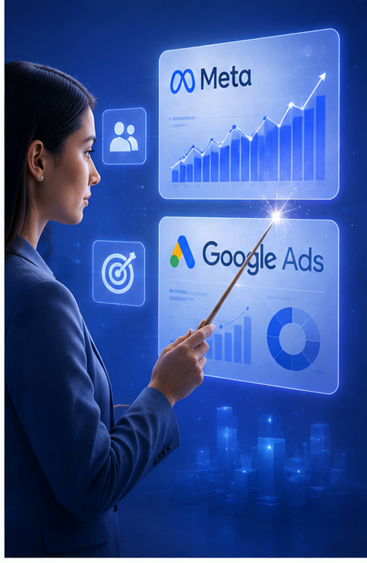 Une femme pointe un bâton lumineux vers des tableaux de bord Meta et Google Ads affichant une croissance, ambiance bleu nuit