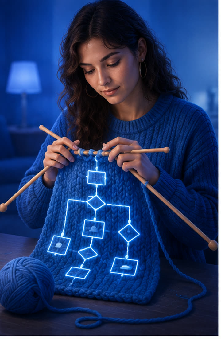 Une femme tricote un diagramme de flux lumineux, ambiance bleu nuit