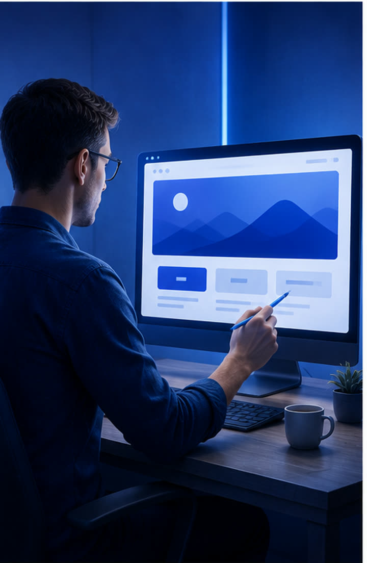 Un homme dessine la maquette d'un site web sur un écran avec un stylet, ambiance bleu nuit